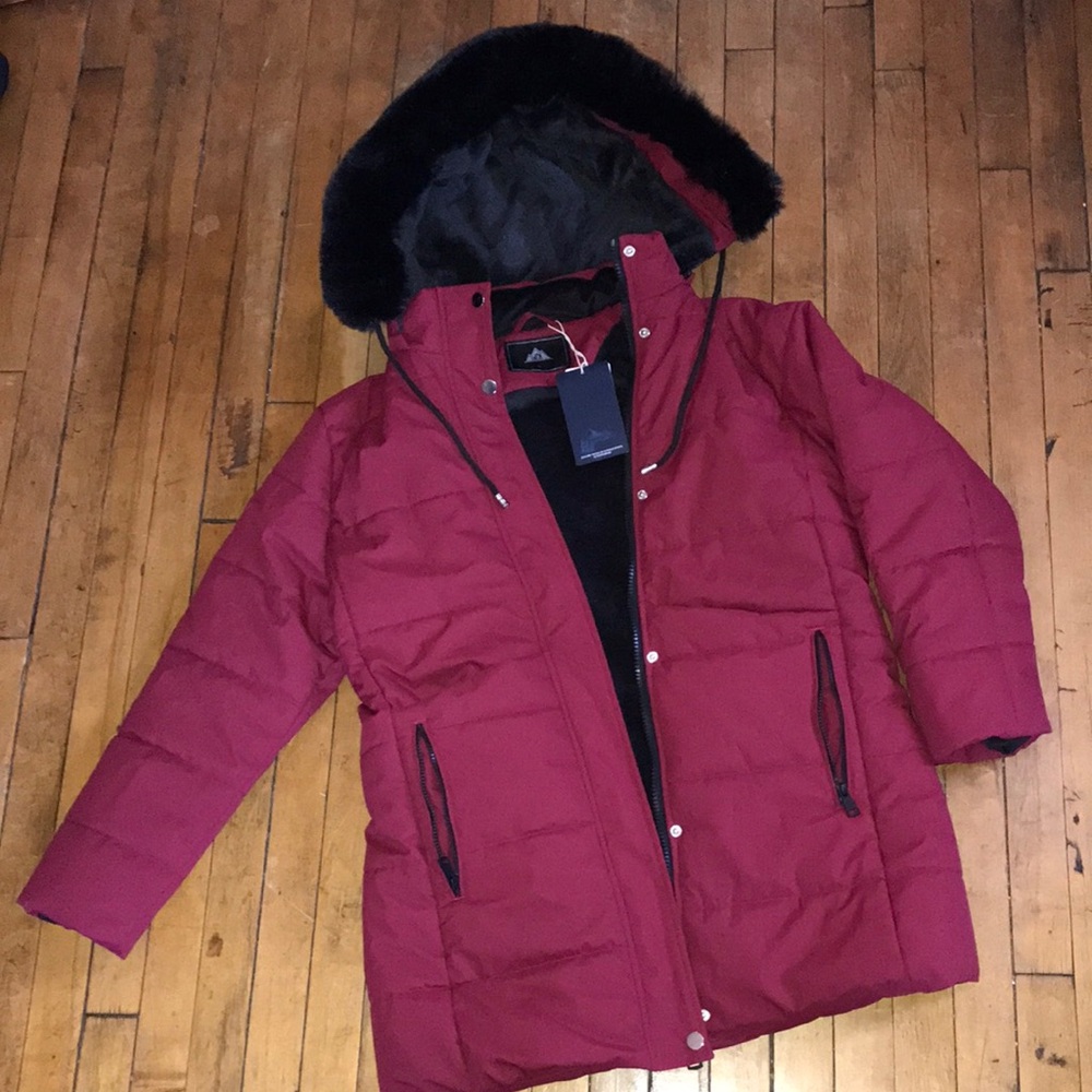 Women Quilted Parka Coat Burgundy Faux Fur Trim Hood Insulated Winter‎ Jacket L